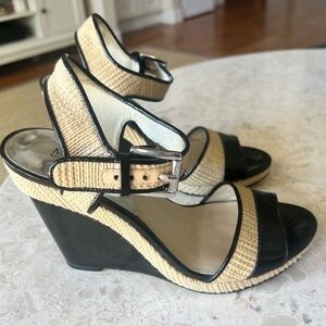 MICHAEL Michael Kors Stylish Black and Raffia Wedge Sandals- gently worn